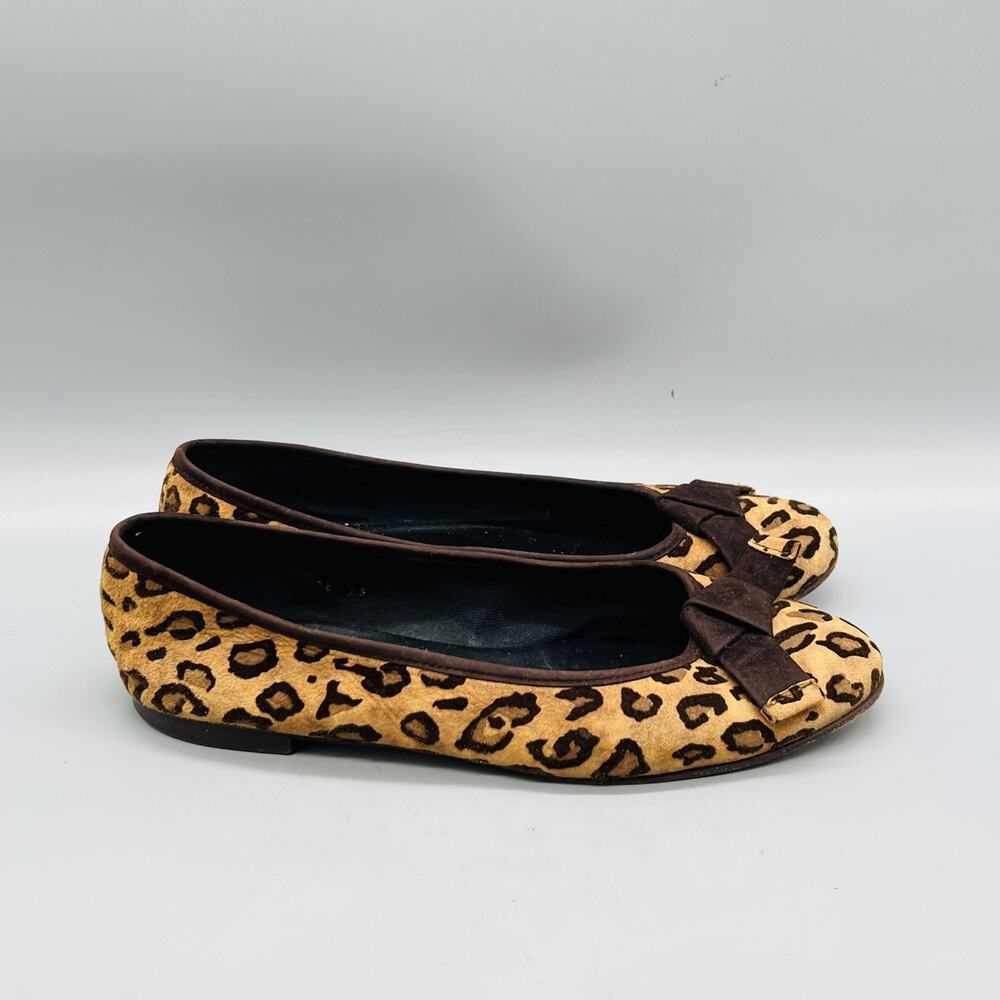 FS/NY Shoes Womens 8.5 Brown Suede Leopard Ballet Flats Bow Slip On Casual